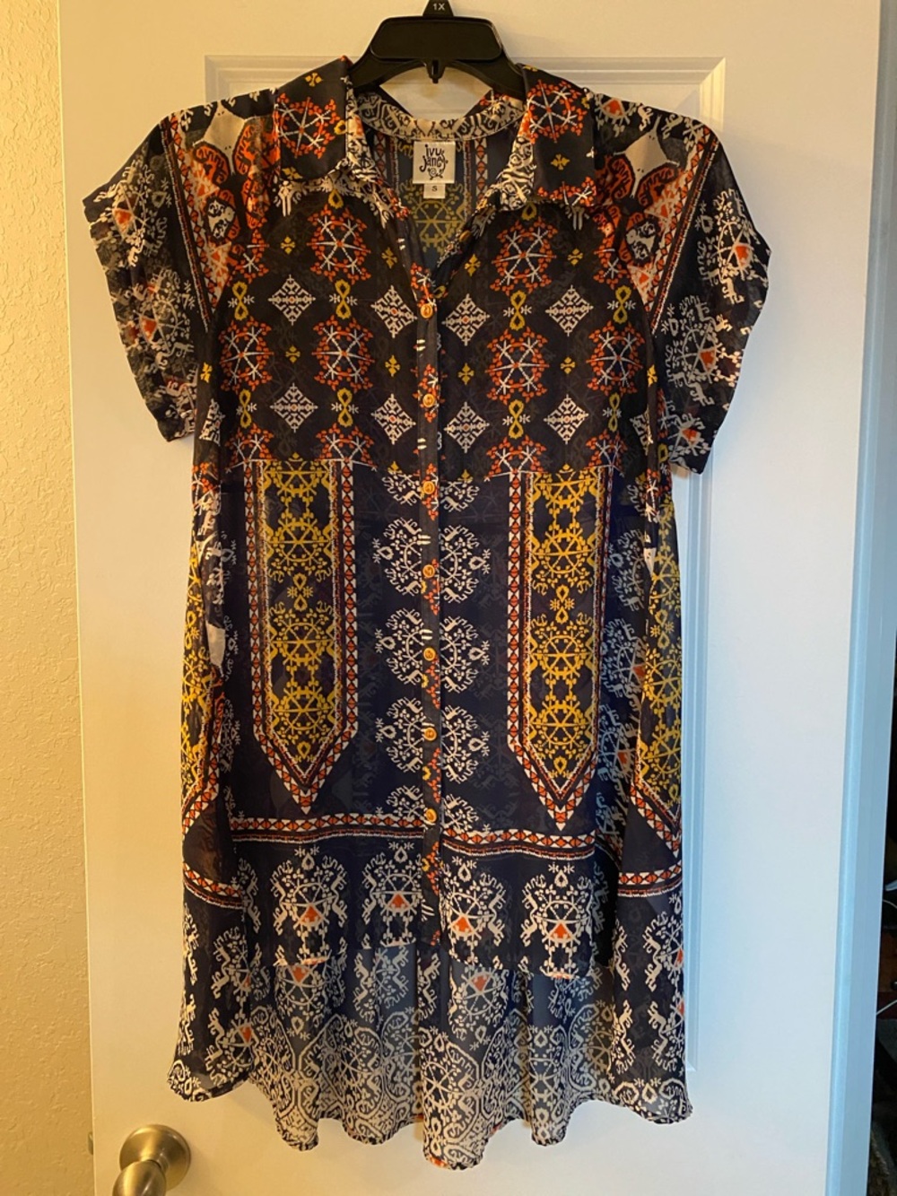 ivy jane Navy Blue Floral Print Blouse with Orange and Yellow Accents
